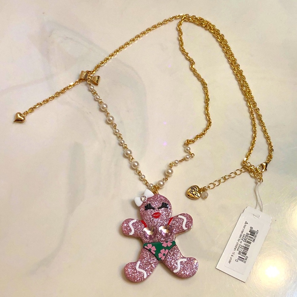 Betsey Johnson Holiday Reef Pink Glitter Gingerbread Bikini Pendant Necklace NWT